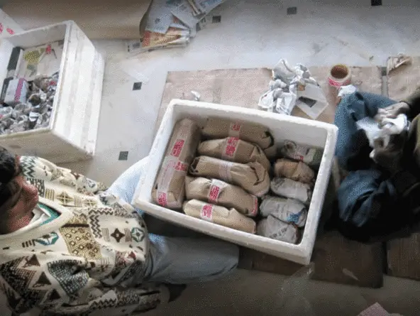 Household items individually wrapped and packed inside a protective container for moving
