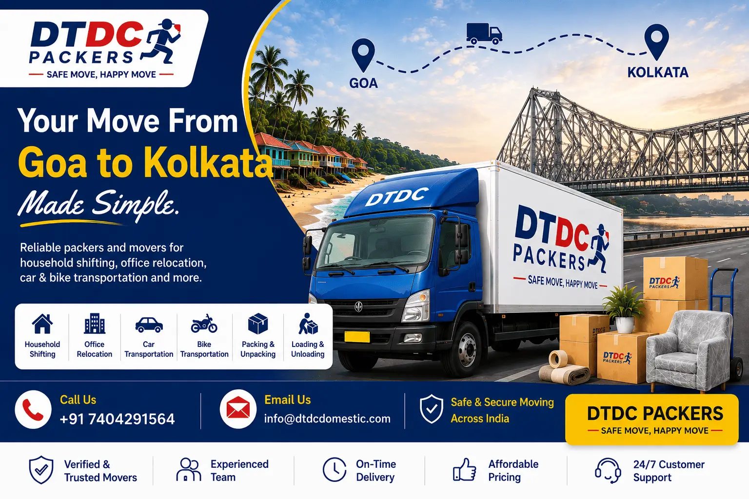 DTDC Packers and Movers Goa to Kolkata - Your Move Made Simple
